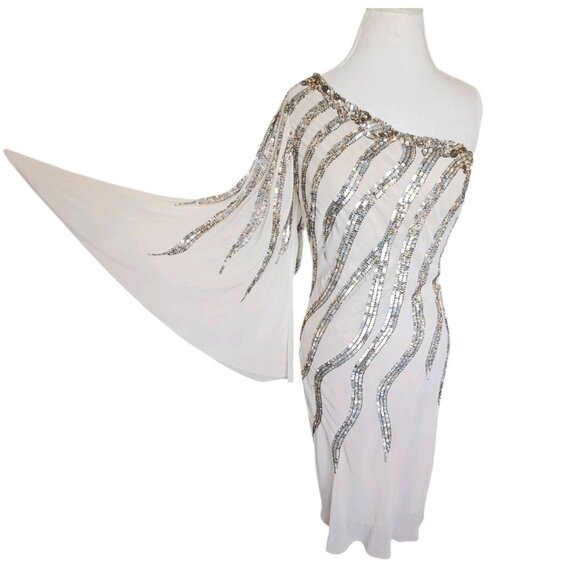 Alberto Makali Size 12 Cream One Shoulder Cocktail Dress Sequins Metallic NWT - Picture 15 of 15